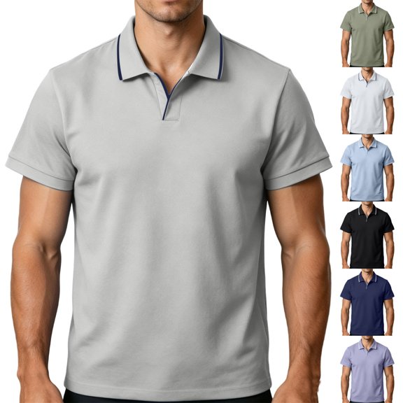 Men Polos Shirt Short Sleeve V Neck Lapel Vintage T Shirts Causal Loose Fashion Breathable Golf Tees (XL, Gray)