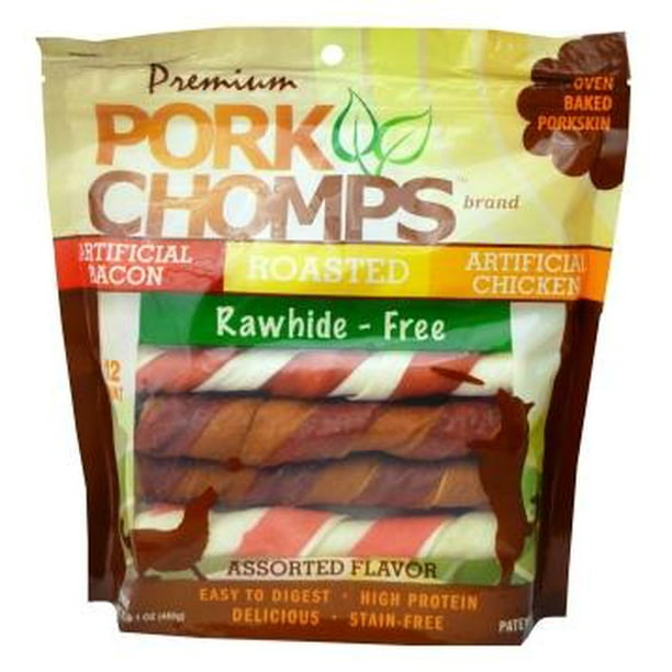 Premium Pork Chomps RawhideFree Pork Skin Twists, Assorted Flavors, 12