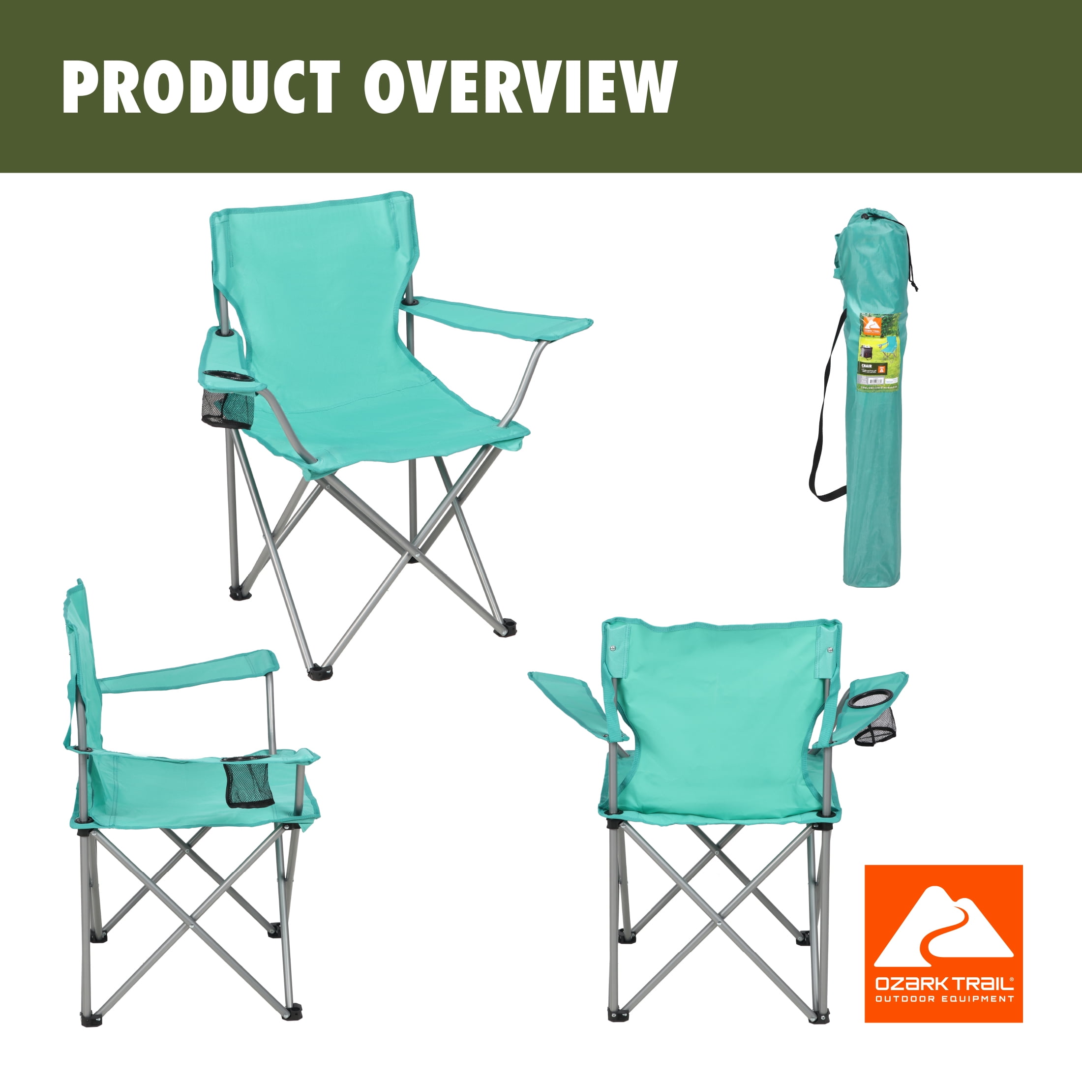 Ozark Trail Quad Folding Camp Chair with Cup Holder, Green Sea