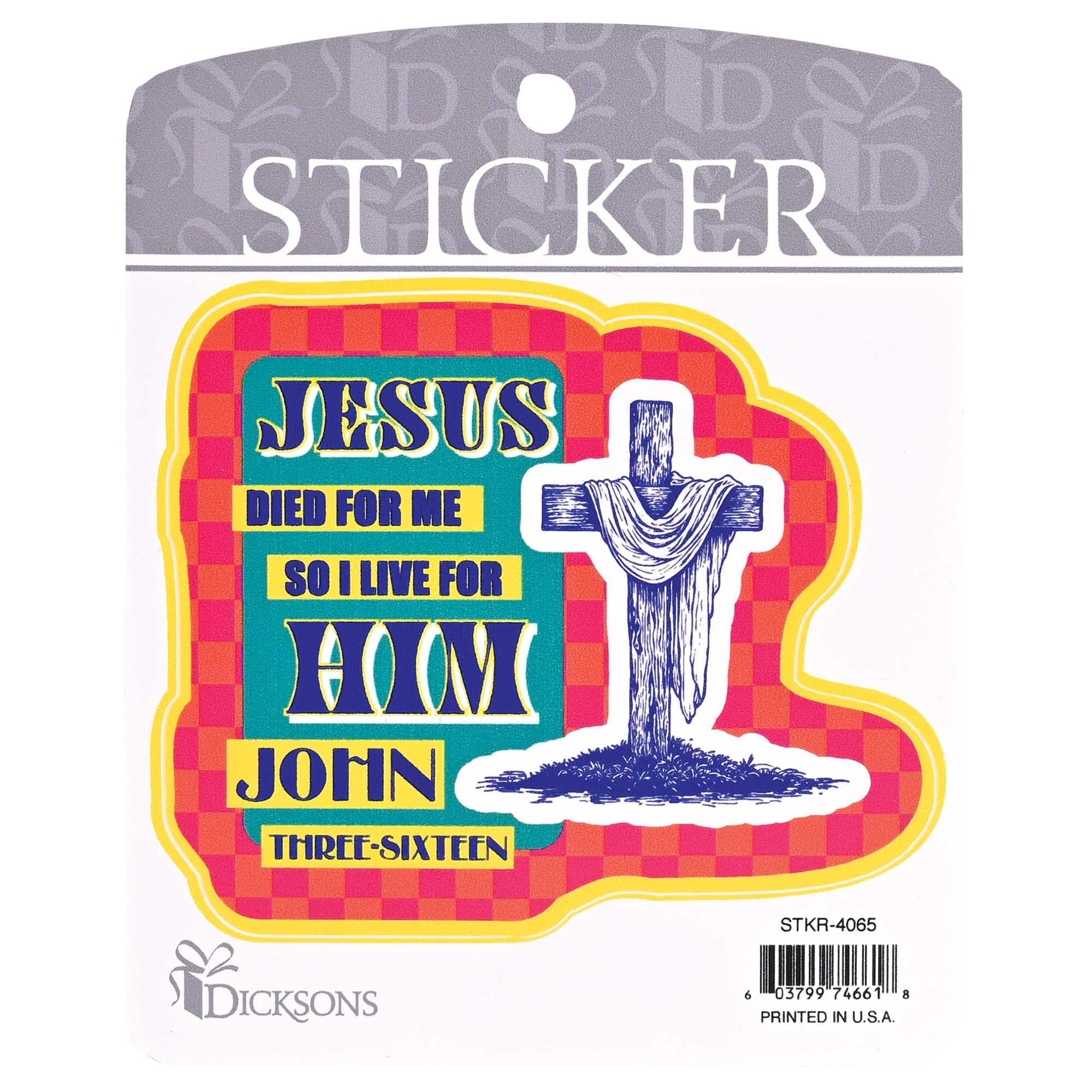 Dicksons Inspirational Christian Adhesive Sticker Decal for Laptops, Journals, Bibles 3.75 x 4.75 Inch Vinyl Cross Jesus Died for Me Pack of 6
