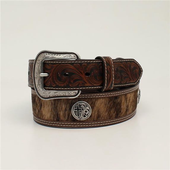 M&F Western D100011302-42 Calf Hair Conchos with Black Cross Mens Belt, 1.875 to 1.5 in. - Size 42