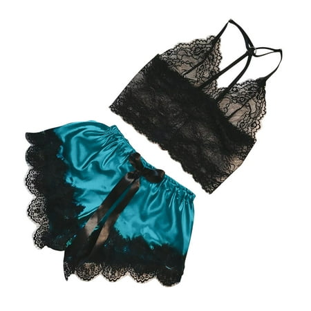 

QIIBURR Women Pajama Shorts Women V-Neck Eyelash Lace Sexy Stain Camisole Pajamas Bowknot Shorts Set