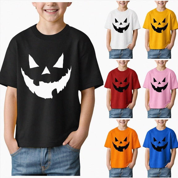 Gerichy Boys Halloween Short Sleeve Shirts Toddler T-Shirt for Kids Graphic Pumpkin Tees Top 1-14 Years