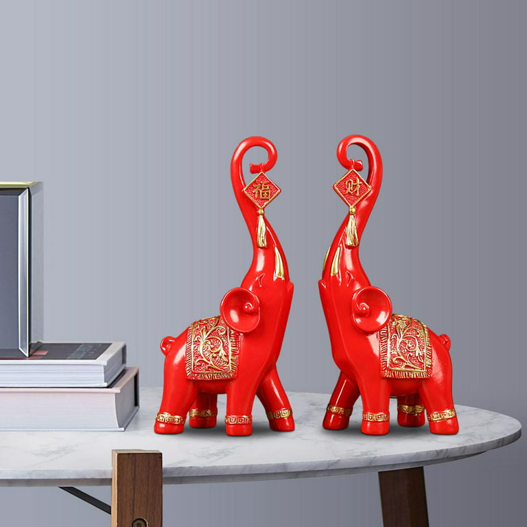 Elephant Statues Animal Figurine Decorative Accent Sculpture with Trunk Up for Home Office Decor Crafts Gifts , Red, Size: Medium