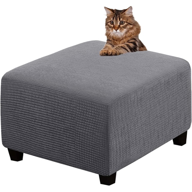 Ottoman Cover Slipcovers Square Fit Length 13"-44" Footrest, Stool Covers, Ottoman Protector Cover, Footstool Covers with Stretch Thick Checked with Elastic Bottom, Removable Washable(Gray,L(57-66cm))