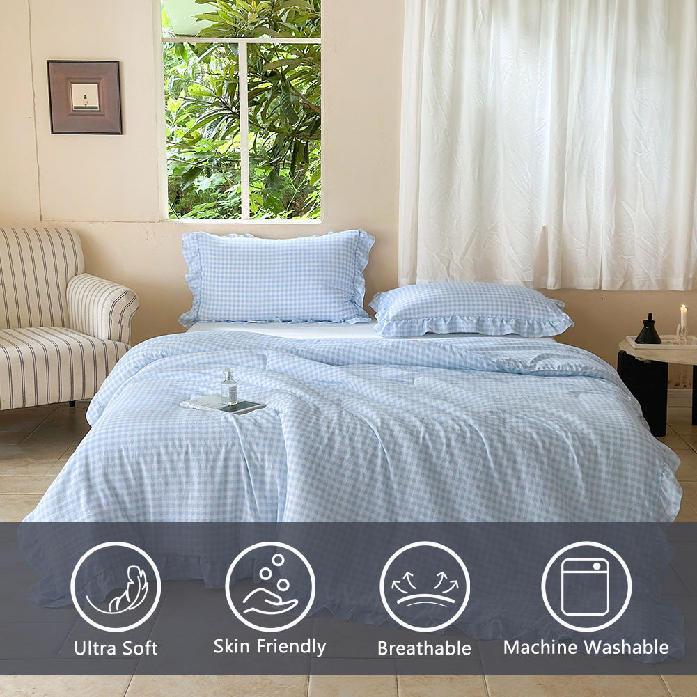 Light Blue Gingham Ruffle Queen Comforter Set, Blue Ruffled Plaid Bedding Set, Ruffled Checked Bed Comforter 3 Pieces(Light Blue Gingham, Queen)