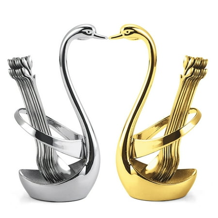 

sunsanly Stainless Steel Mini Fruit Forks Spoons with Non-Slip Handle Food-Grade Swan Storage Rack for Kids Desserts Snacks Parties Weddings