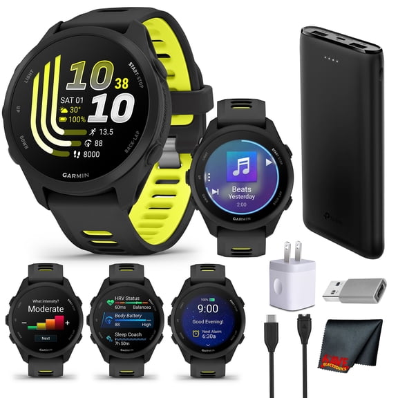 Garmin Forerunner 170 Music GPS Running Smartwatch | 1.2" AMOLED, Music Storage, Heart Rate Monitor | Black/Amp Yellow Bundle