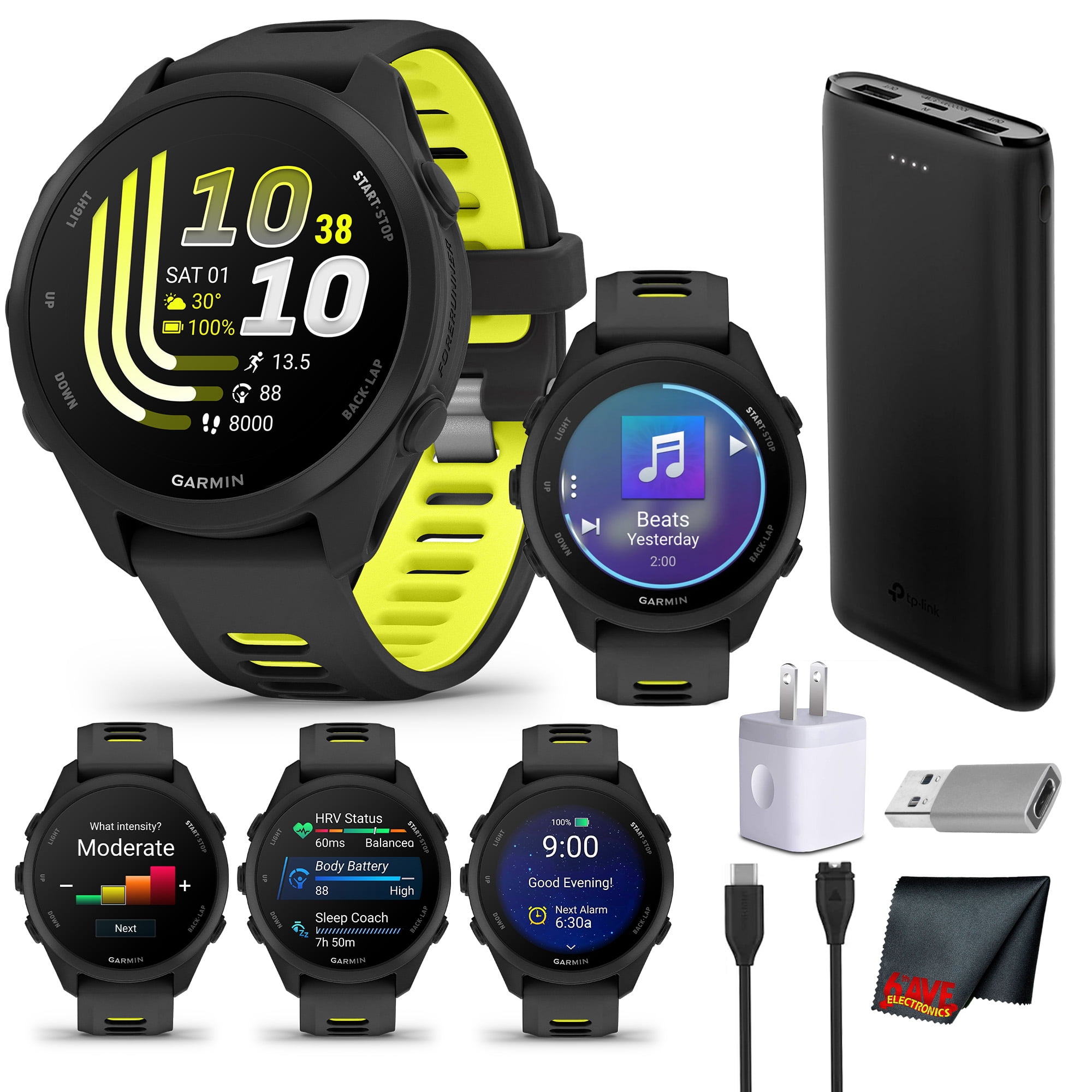 Garmin Forerunner 170 Music GPS Running Smartwatch | 1.2" AMOLED, Music Storage, Heart Rate Monitor | Black/Amp Yellow Bundle