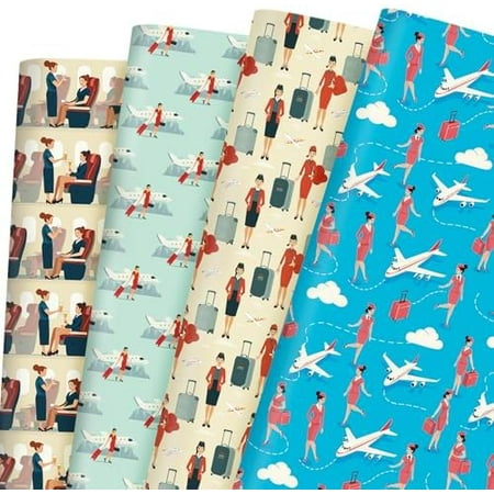 Flight Attendant Wrapping Paper 12 Sheets Airplane & Cabin Crew Designs Gift Wrap for Flight Attendants,Aviation Enthusiasts,Travel Lovers,20"×28"