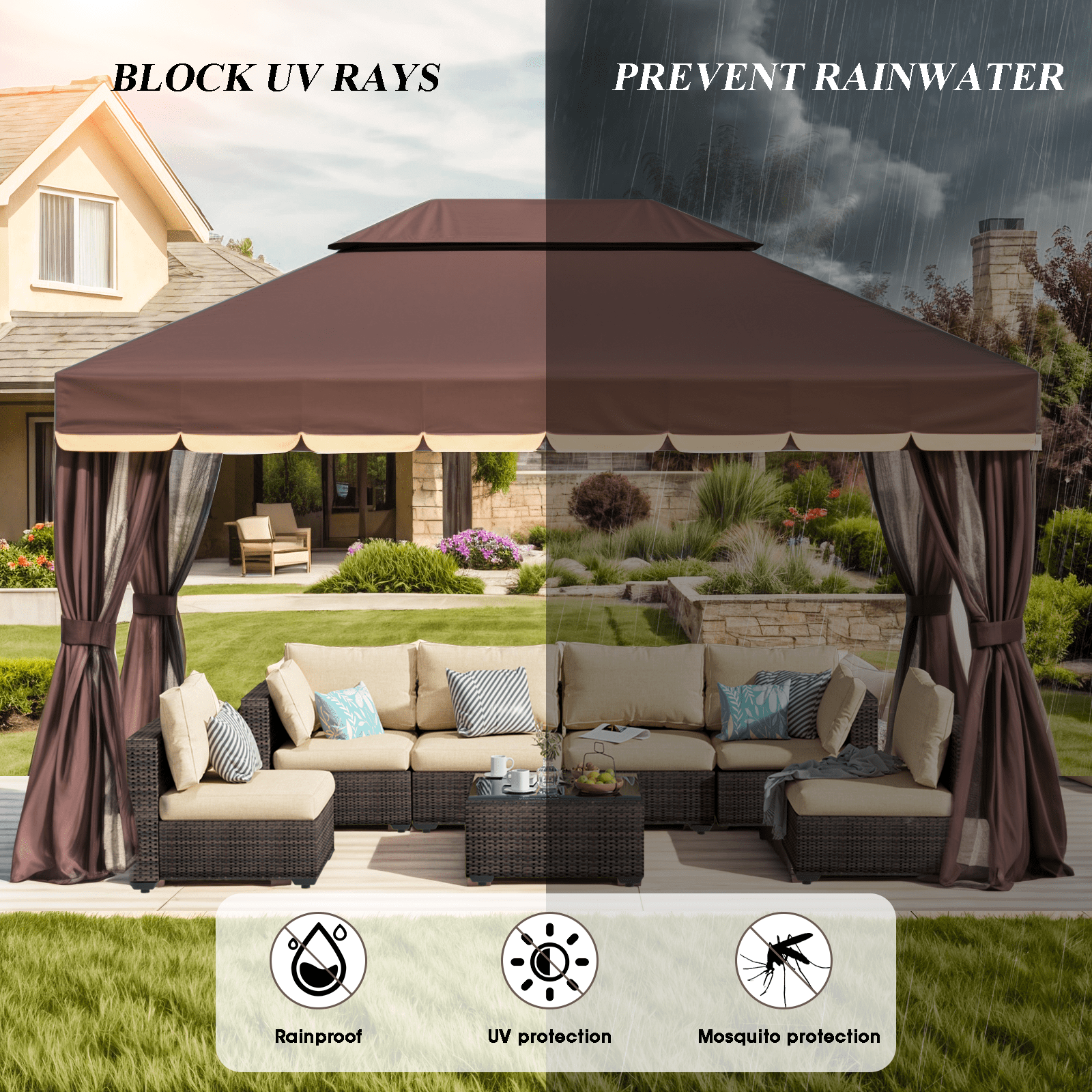 Grezone 10×13 FT Deluxe No Screws Gazebo,Double Roof Outdoor Shelter Tent with Mosquito Nettings and Privacy Screens