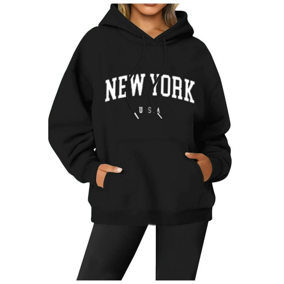 Bibifish Womens Hoodies Casual New York Letter Print Pullover Hoodies Soft Oversized Fit Casual Fall Winter Daily Wear Stylish Pullover Top