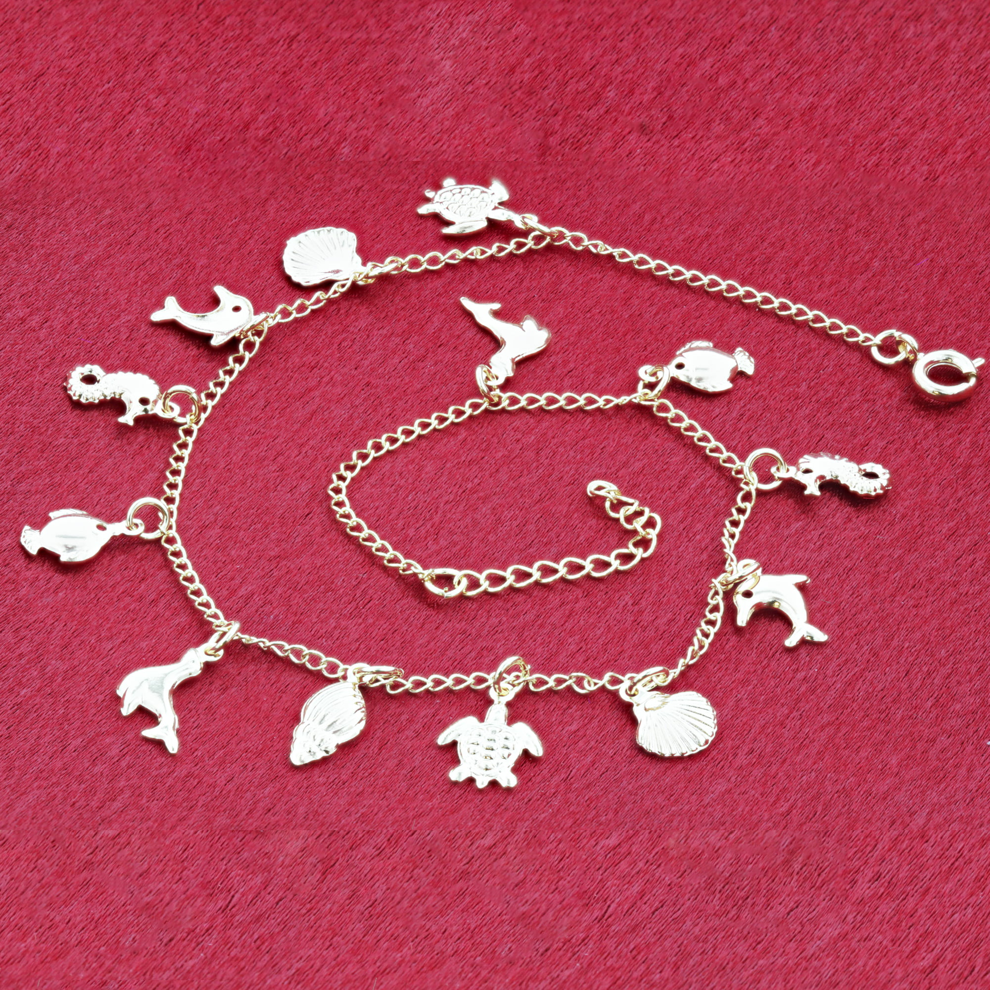 Sea Life Turtle Shell Dolphin Fish Sea Horse 10 to 11 Inch Adjustable Foot Chain 18k Gold Overlay Anklet Ankle Bracelets 