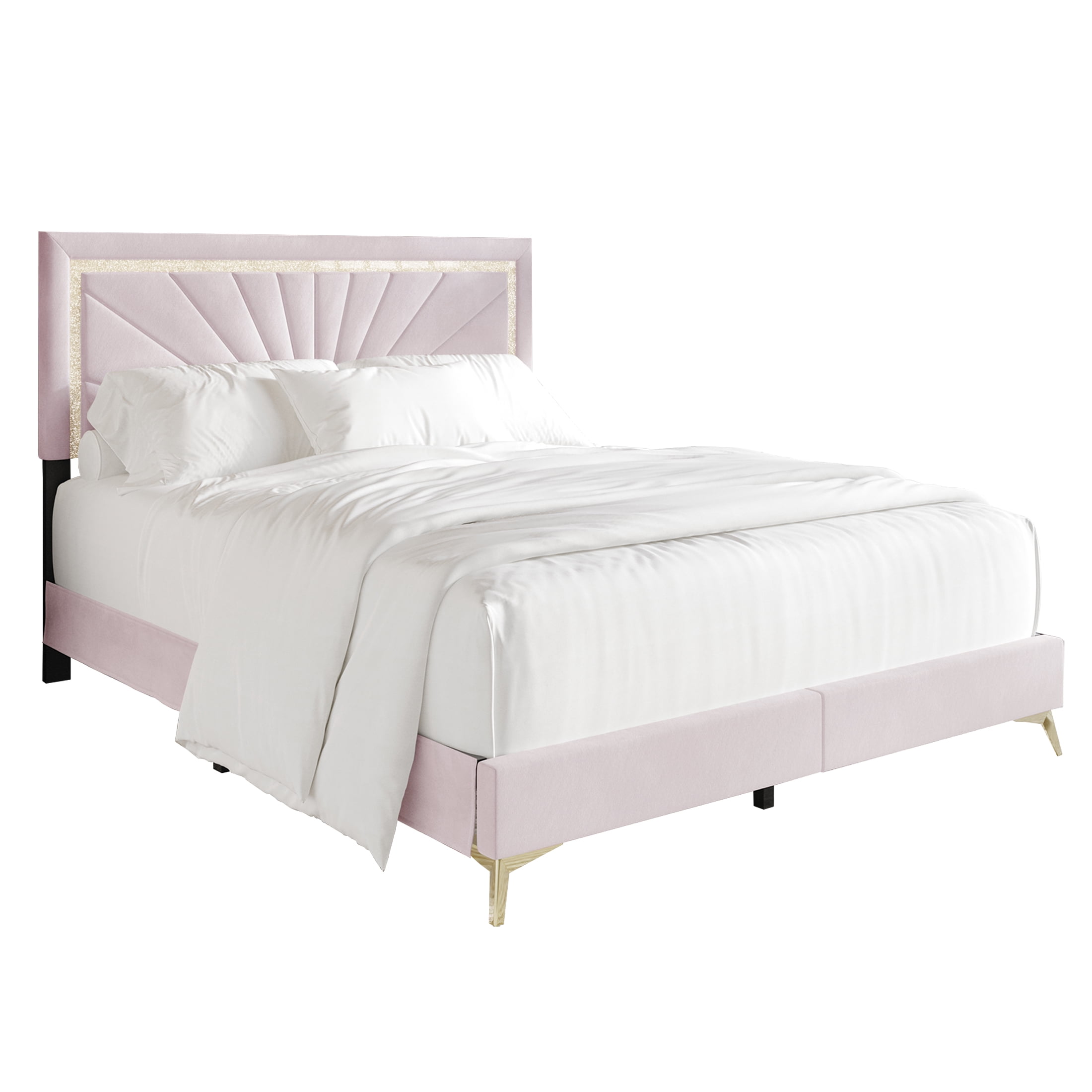 Castle Place Luxurious Diamond Strip Velvet Upholstered Bed Light Pink, Full