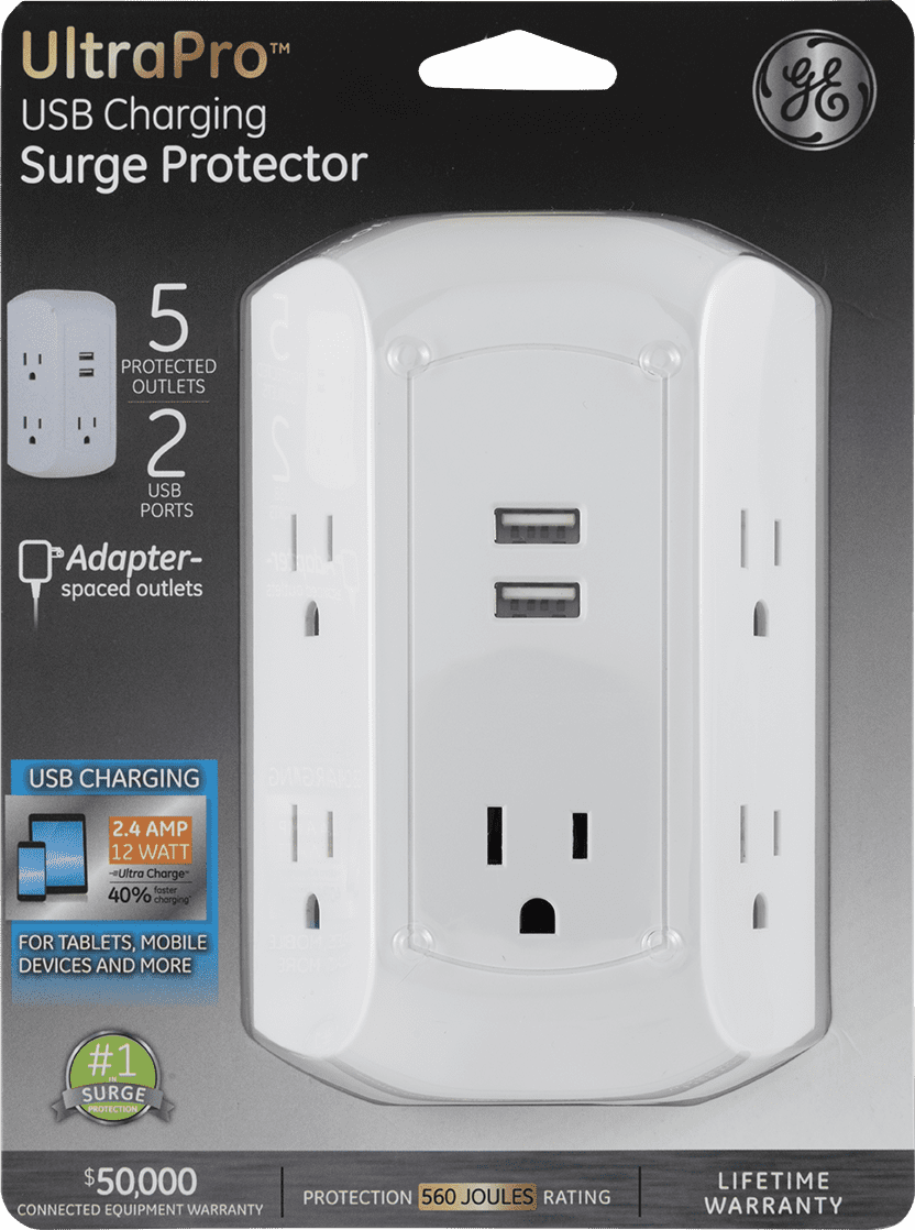 GE UltraPro 5-AC, 2-USB Side-Access Surge Protector, 560J, White – 58297