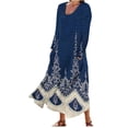 thumbnail image 2 of pstuiky Dresses for Women, Women Cotton and Linen Dress Long Sleeve Crew Neck Dress Printed Dress and Ankle Dress Casual Holiday Dress with Pockets Leisure Dark Blue L, 2 of 5