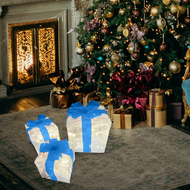 3-Piece Foldable LED Christmas Gift Box Set – Lighted Holiday Decor for Tree, Yard & Gifting (Battery-Powered ABS, 3 Sizes) Blue