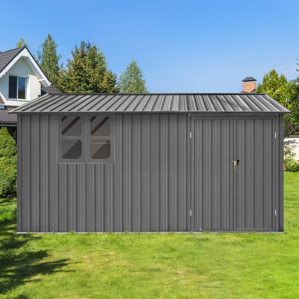 12ft x 10ft Metal Outdoor Storage Garden Tool Shed Workshop with Foldable Worktable, Shelves, Window, Hanging Lamp Hook & Apex Roof for Backyard Garden Patio, Grey
