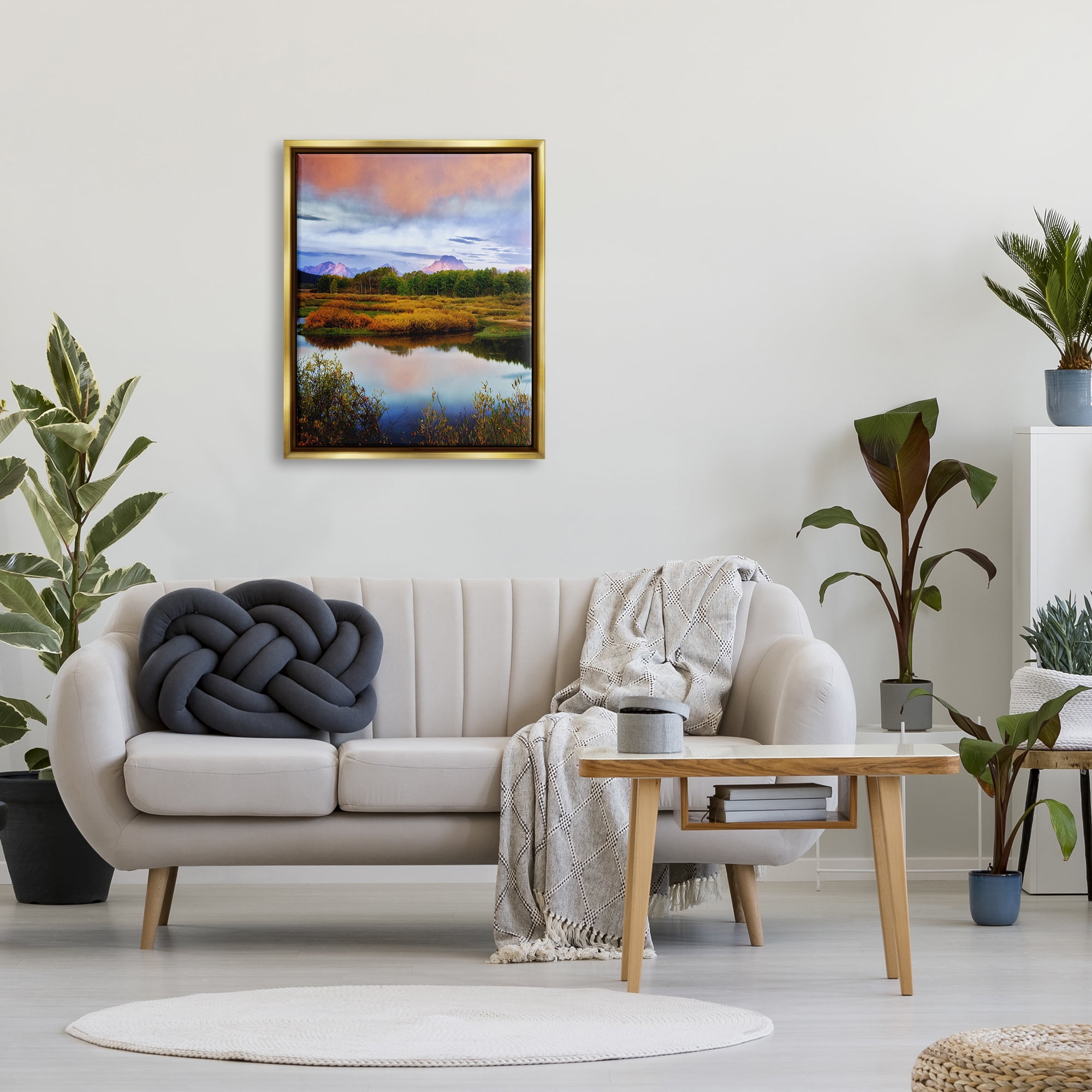Stupell Industries Cloudy Pond Mountain Peaks Coastal Photography Gold Floater Framed Art Print Wall Art