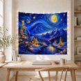thumbnail image 5 of Deep blue snowy cabin valley beneath swirling stars, Painterly winter fantasy Style for Winter landscape enthusiasts, Thoughtful Gift for Living room, bedroom, reading nook, Tapestry Wall Hanging, 5 of 7