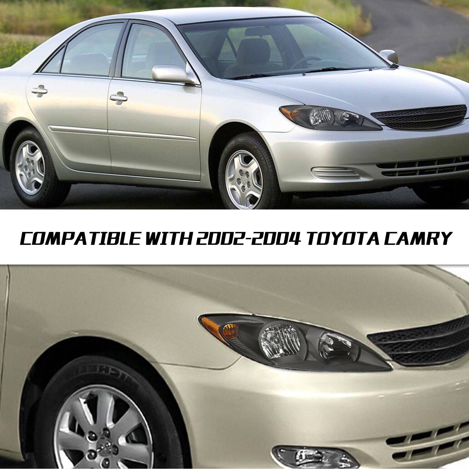 Headlights Assembly for 2002 2003 2004 Toyota Camry Sedan LE SE XLE Black Amber