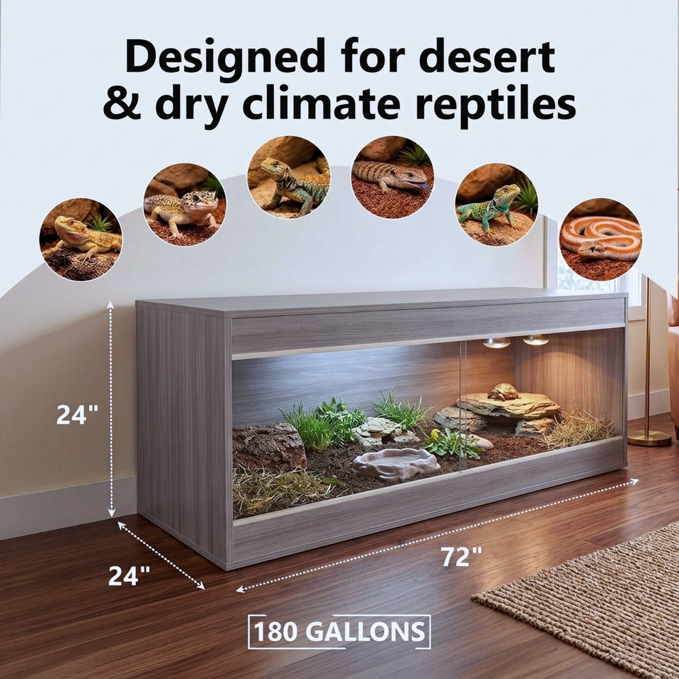 Crawl Creations 180 Gallon Reptile Enclosure, Made in USA 72" x 24" x 24" Bearded Dragon Tank with Sliding Glass Doors, Large Terrarium for Leopard Geckos, Snakes, Lizards & Tortoises - Iconic Maple