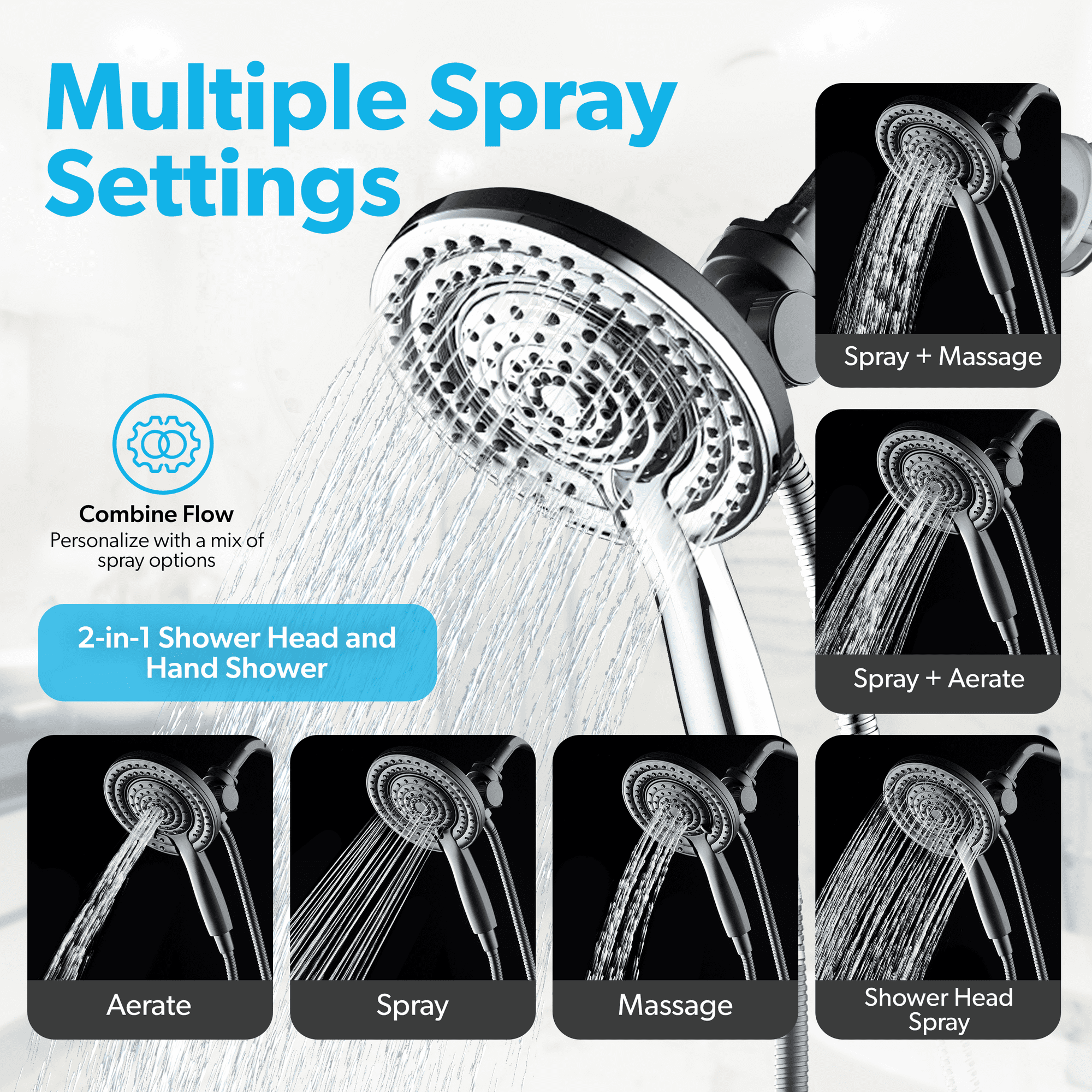 BLACK+DECKER Dual Shower Head with 5 Spray Settings and Detachable Wand and Stainless Steel Hose, Chrome