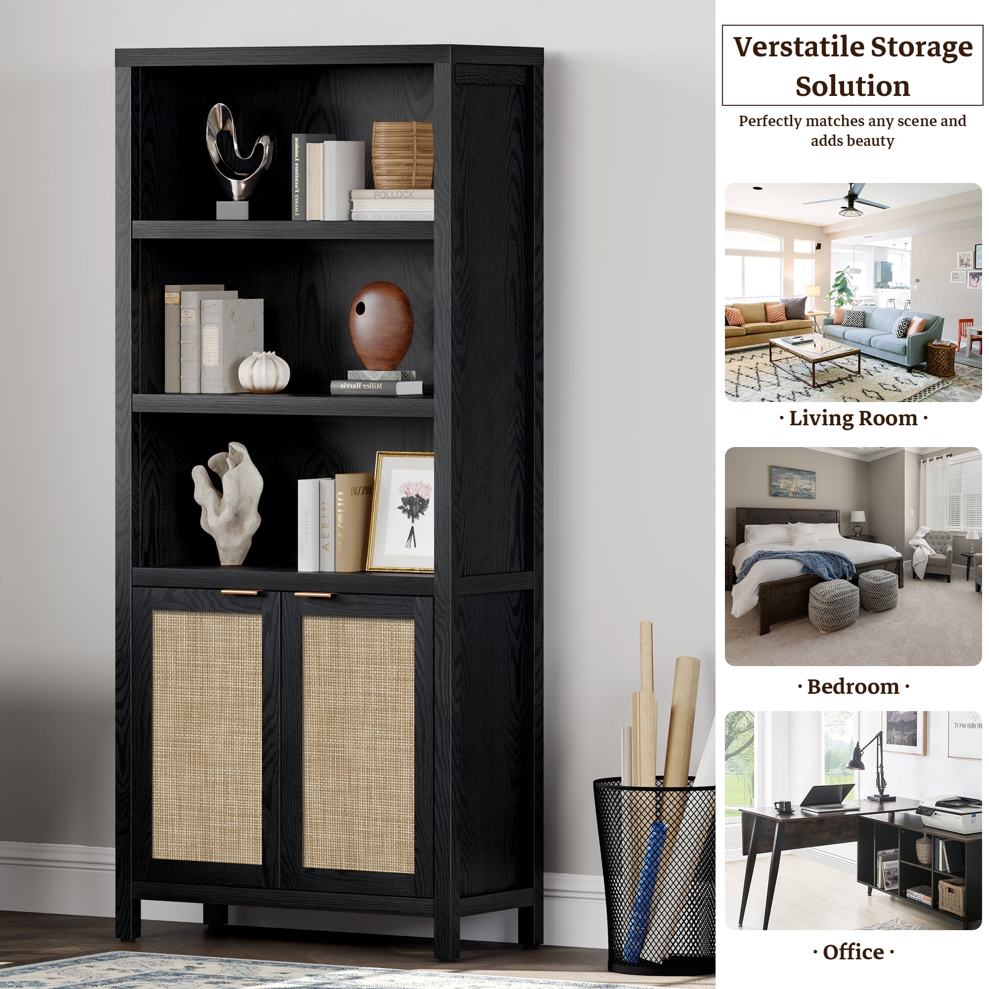 SICOTAS Rattan 5 Tier Bookshelf Set, Black 5-Shelf Library Bookcase