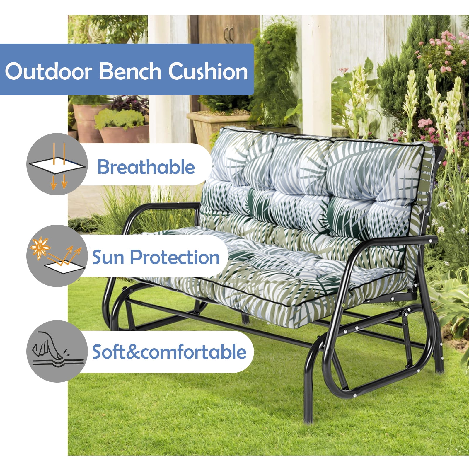 Porch Swing Cushions 55in, Swing Cushions 3 Seater Replacement with Backrest, Thicken 4" Waterproof Bench Pad Cushions, Outdoor Loveseat Cushions Non-Slip Chairs Pad (Bamboo Leaves)