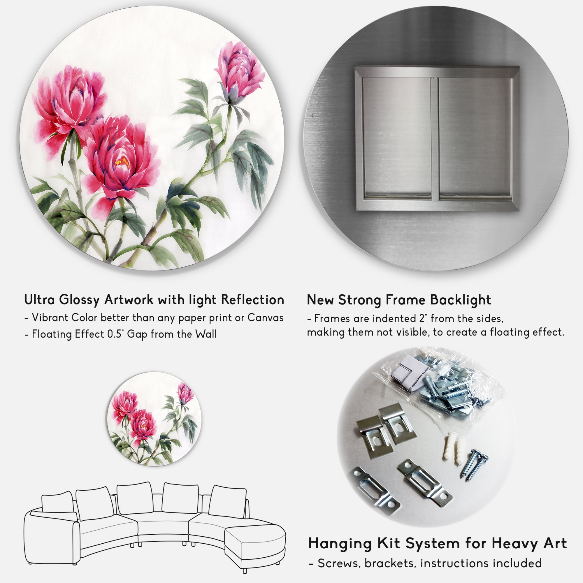 Designart 'Three Vintage Red Peonies Flowers' Traditional Circle Metal Wall Art 23x23 - Disc of 23