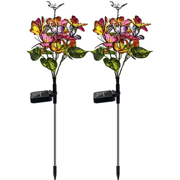 LINLIN 2 Pack Solar Garden Stake Lights,Mulitcolor Butterfies Flower Decorative Lights Outdoor Waterproof Solar Lights for Yard,Patio,Walkway,Pathway,Path