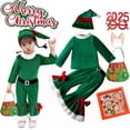 thumbnail image 1 of Conjunto de pantalones navideños verdes para niñas, 3 piezas, sombrero, camiseta y pantalones, disfraz de elfo, fiesta familiar de Año Nuevo, juego de rol, actuación, 1 of 5