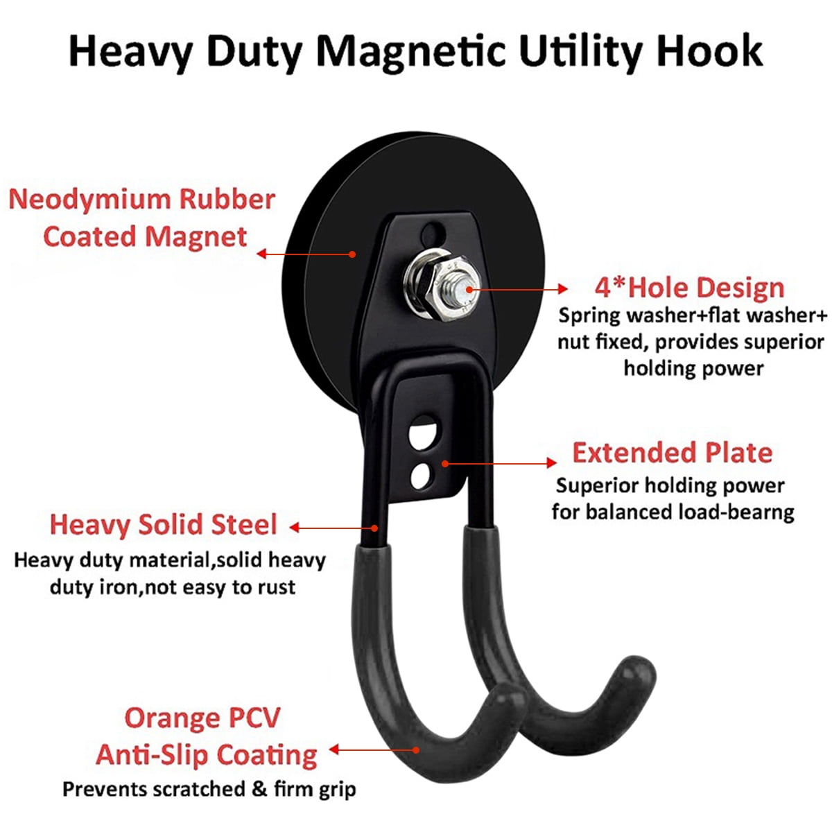 2-Pack Heavy Duty Magnetic Garage Hooks – Strong Magnet Utility Hangers with Anti-Slip Coating – Rust-Resistant Metal Organizer for Tools, Keys, and Outdoor Equipment – No-Drill Storage Solution