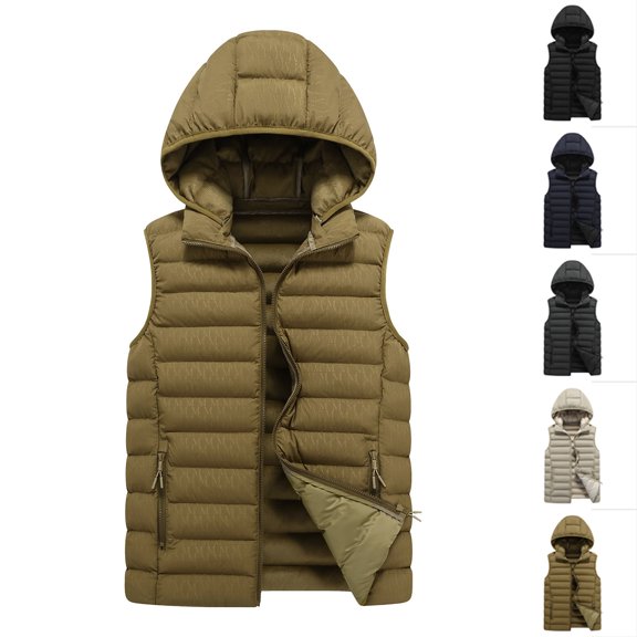 Puffer Vest Men Winter Detachable Hooded Casual Warm Full Zipper Sleeveless Padded Jackets Outerwear for Outdoor Daily Wear