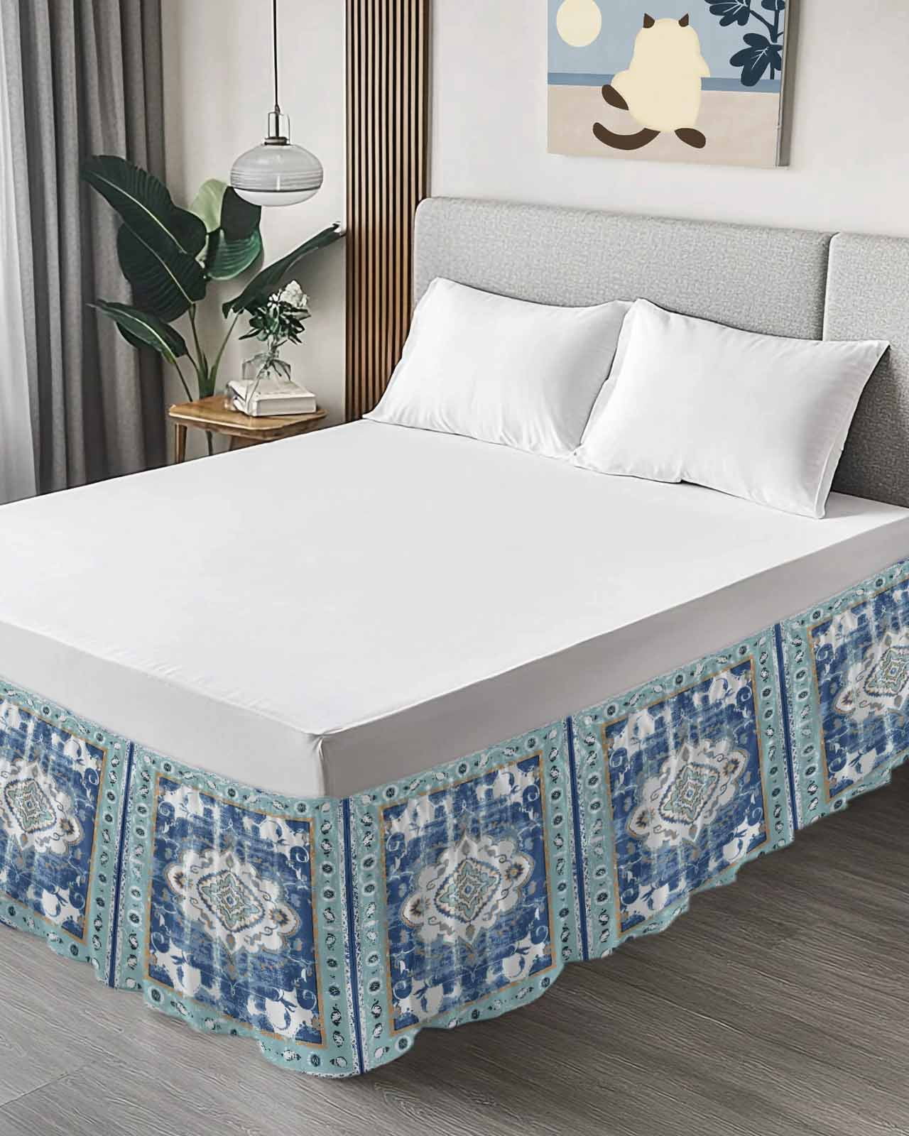 Blue Boho Wrap Around Bed Skirts for King Bed 18" Drop,Bed Skirt with Adjustable Elastic Belt Dust Ruffle Bed Valance for Bedroom Hotel Farmhouse Bohemian Medallion Oriental Flower Bed Frame Cover