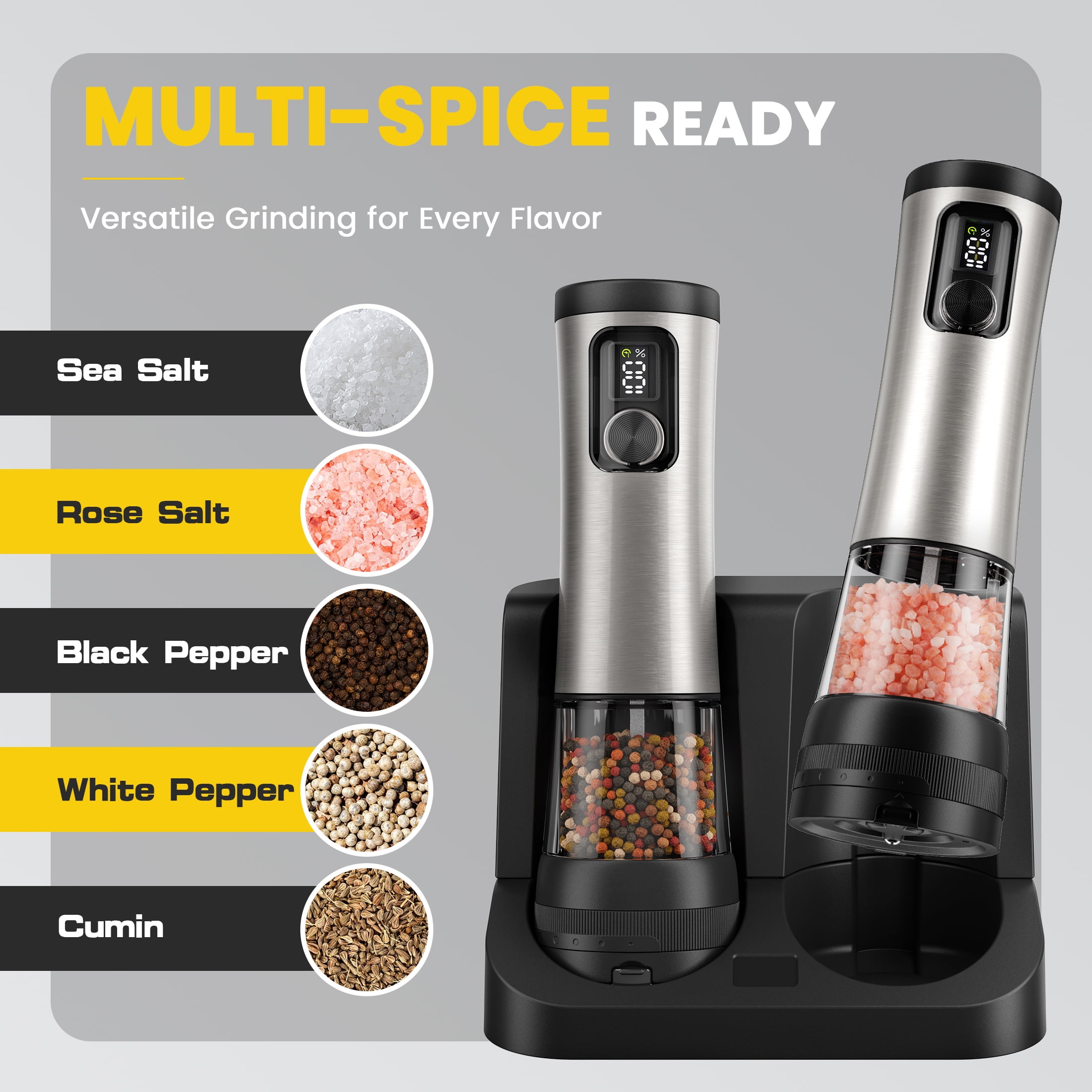 Moreblue Electric Salt and Pepper Grinder Set , Automatic Rechargeable Salt and Pepper Shaker with LED Battery Display & USB‑C Charging Base, Pepper Mill for Kitchen, Dining & Camping