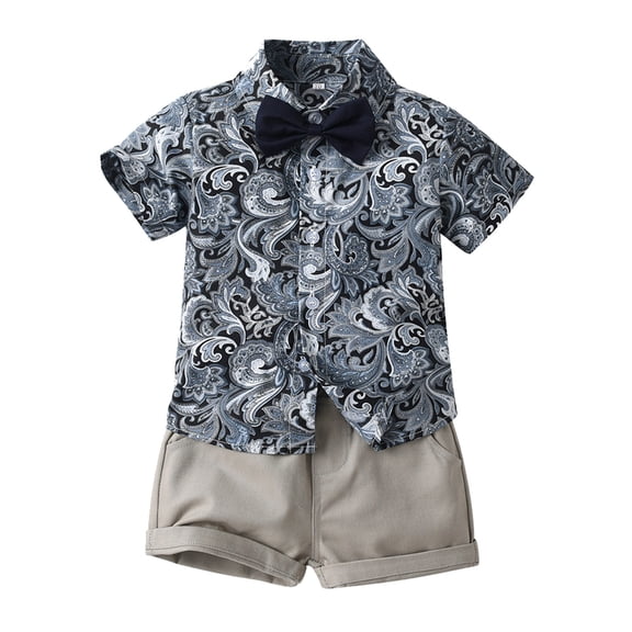 VNKIDY Boys Toddler 2 Piece Casual Outfit Short Sleeve Button Down Casual Fashion Print Shirt With Bow Tie Matching Solid Color Shorts For Summer Casual Wear Gray 5-6 Years