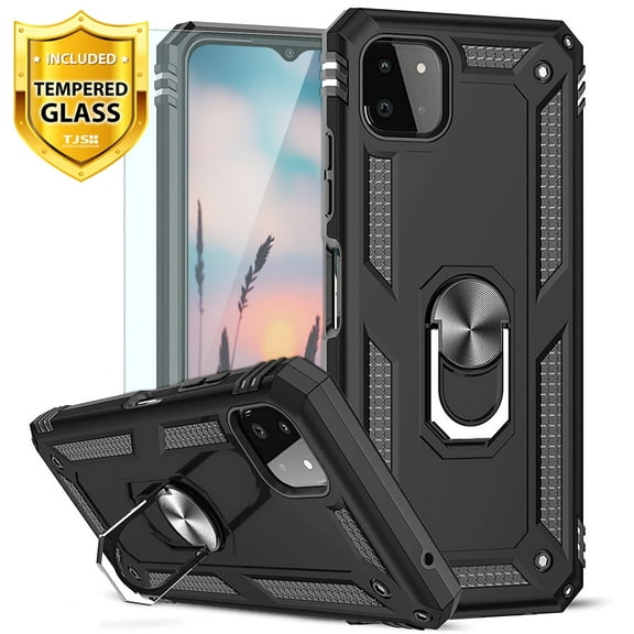 TJS for Samsung Galaxy A22 5G Phone Case, with [Tempered Glass Screen Protector] Impact Resistant Metal Ring Magnetic Support Kickstand Cover (Black)