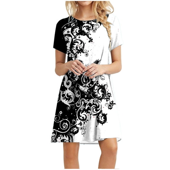 AOOCHASLIY Sun Dresses for Women Clothes Beach Casual Plain Loose Short Sleeve Loose Dress Floral Print Sunflower Print Dress
