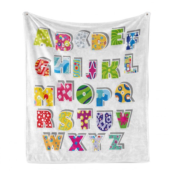 Letters Soft Flannel Fleece Throw Blanket, Full Alphabet with Various Designs Abstract Dots Squares Paint Splashes Pattern, Cozy Plush for Indoor and Outdoor Use, 70" x 90", Multicolor, by Ambesonne