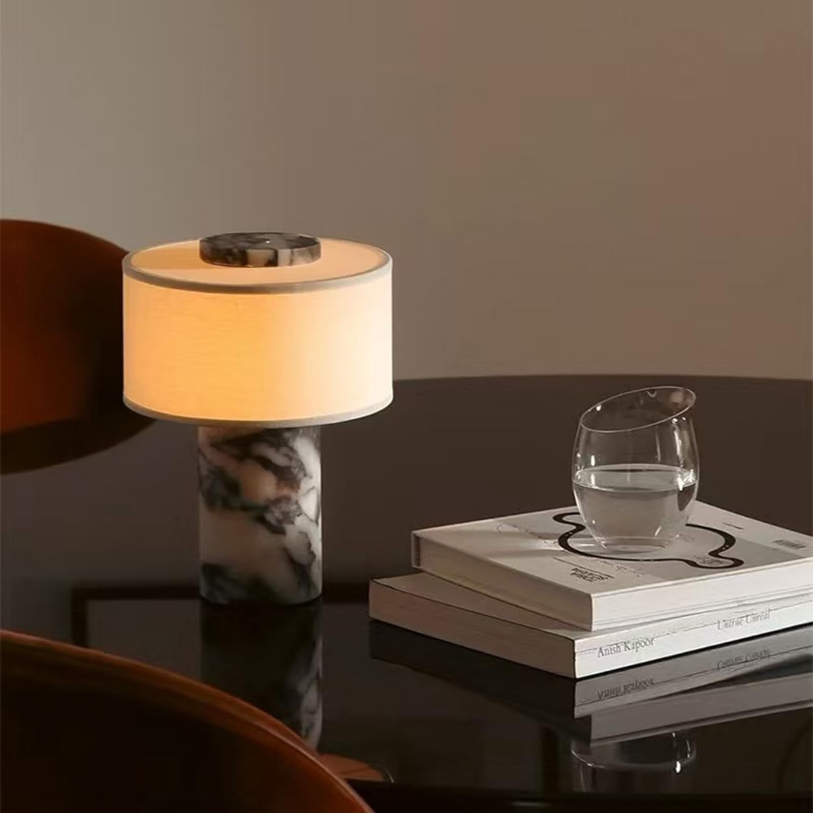 Marble Luxury Stone Rechargeable Touch Table Lamp, Cylindrical Shape, Linen Cloth Fiber Lampshade, High-End and Light Luxury, Bedroom Bedside Table Night Light（Black, White）