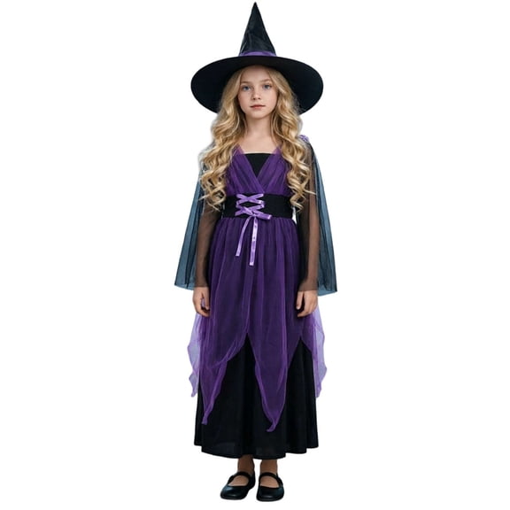 REDARER Girls Halloween Witch Cosplay Long Mesh Sleeve Tulle Gown Dress with Witch Hat for Halloween Party Cosplay Dress Up Outfit,XL