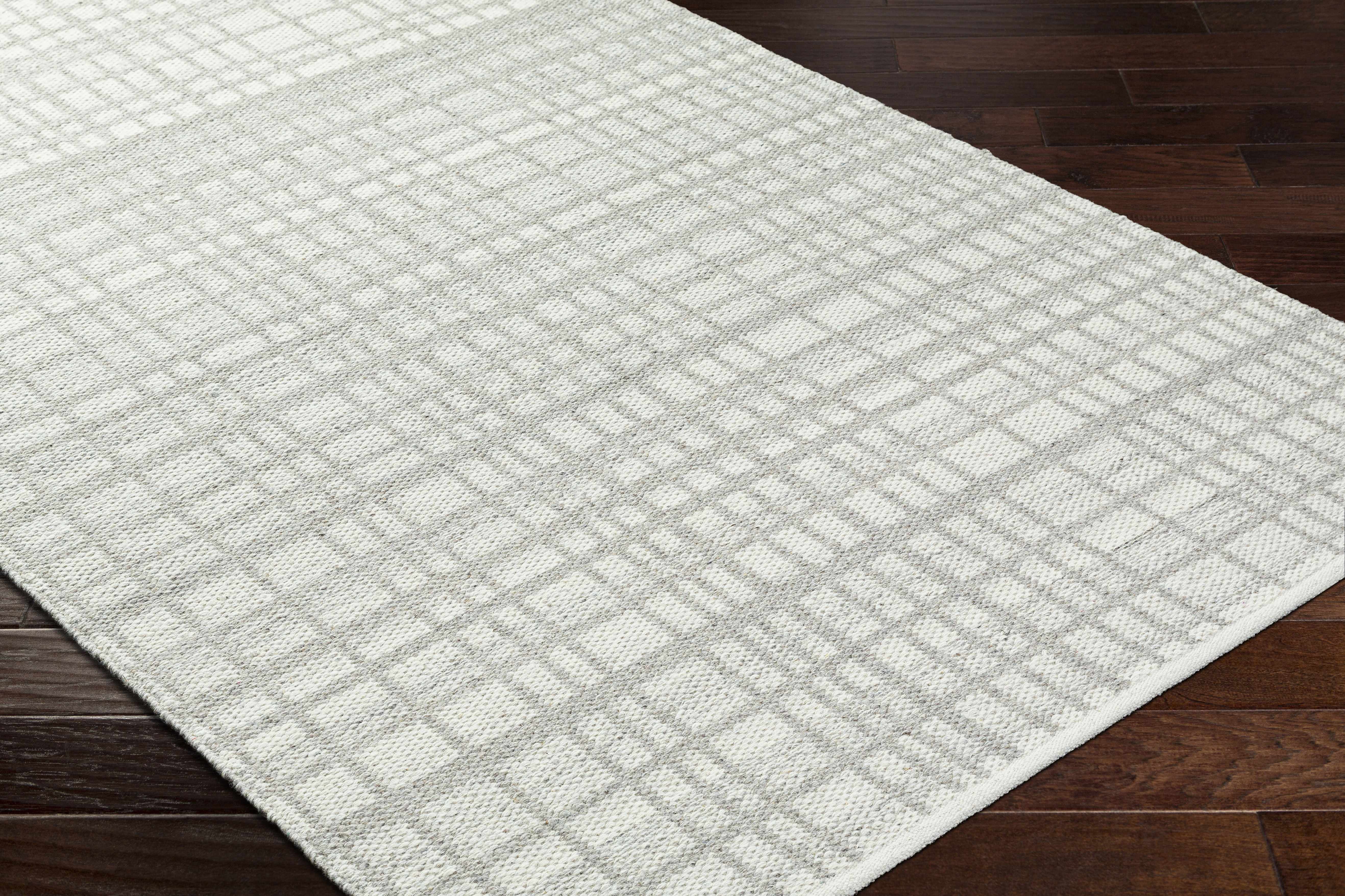 Hauteloom Nissa Wool Living Room, Bedroom Area Rug - Checkered Geometric Square Plaid - Gray, White, Off White - 2' x 3'