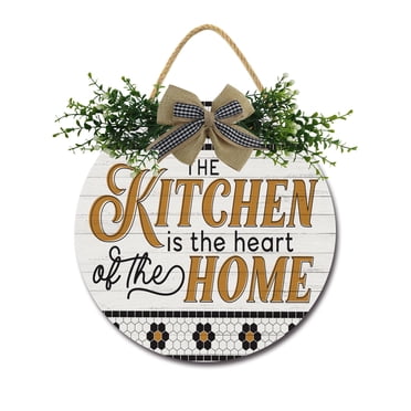The Kitchen Is The Heart Of The Home Front Door Sign Funny Wreaths Hanging Wooden Plaque Decoration Round Rustic Wood Farmhouse Porch Decor for Home Front Door Decor, 11 x 11 Inch