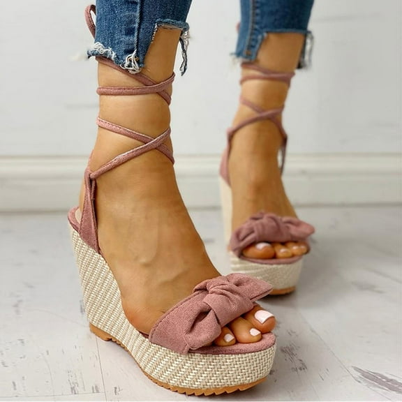 Tuobarr Women's Wedge Sandals Fashion Women Solid Color Bowknot Bandage Comfy Sandals Slope Heeled Beach Casual Shoes Pink US Size 4.5