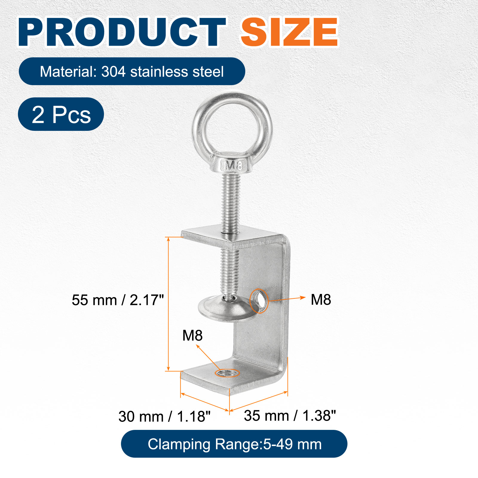 Uxcell2 Pcs 304 Stainless Steel C Clamps 55mm Square Mini Tiger Clamp Adjustable Heavy Duty Metal U Clip with Eye Hook Screw for Woodworking Welding Mounting, Silver