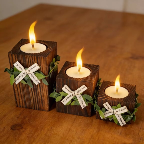 Wooden Tealight Candle Holder Rustic Wood Pillar Candle Stand with Bow Vintage Table Centerpiece for Fireplace Living Dining Room Decor