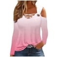 thumbnail image 2 of QUNYINEY V-Neck Tshirts Shirts for Women Gradient Pink Casual Long Sleeve Tops Cold Shoulder Loose Cut Out Pullover T-Shirts, 2 of 5