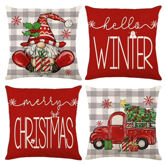 BN-LINK Christmas Pillow Covers, 18 x 18 inch Set of 4 Christmas Decorative Throw Pillows Covers, Christmas Decorations Holiday Red Pillow Cases for Couch Sofa
