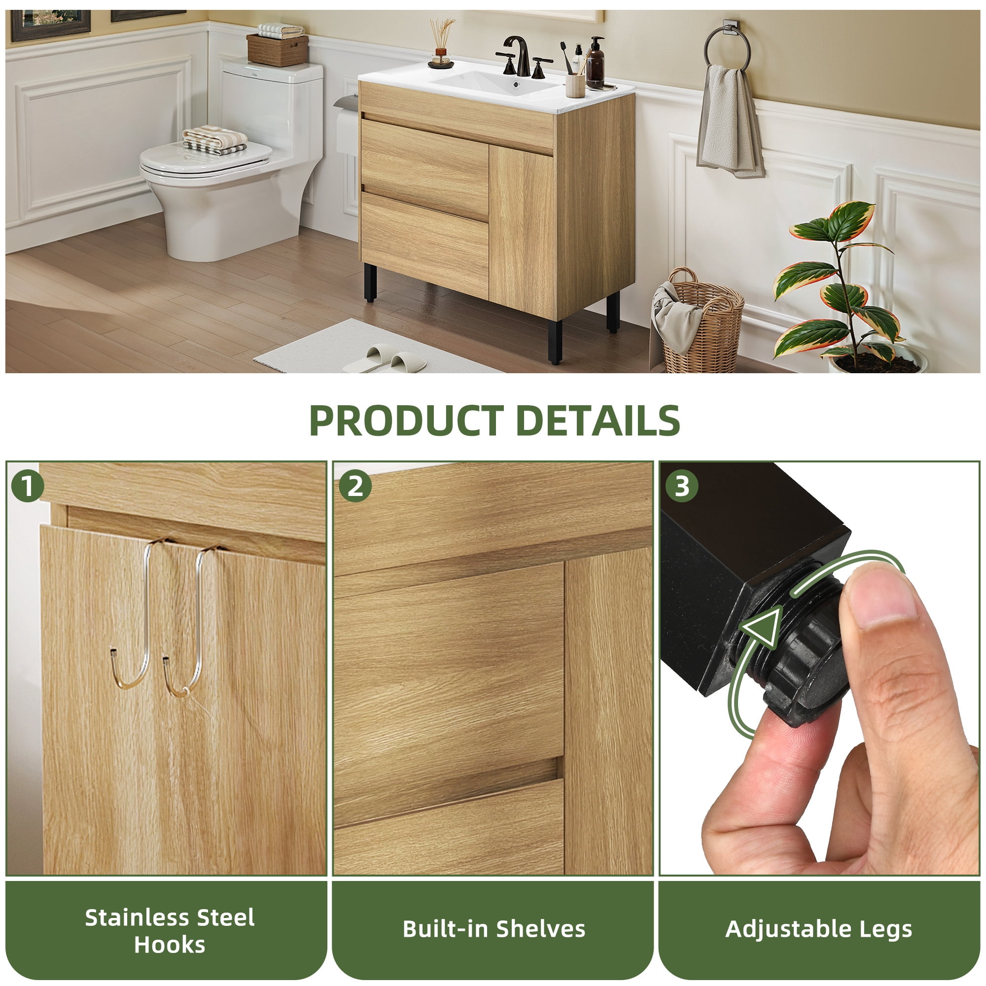 Uforic 36 Inch Bathroom Vanity with Sink, Freestanding Storage Bathroom Vanity for Media Space, with 1 Soft Closing Cabinet & 2 Drawers, Natural Brown, Mid-Century Modern